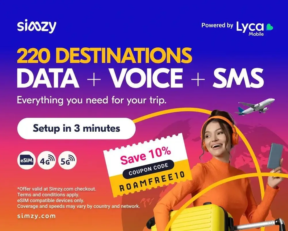 Simzy travel eSIM powered by Lyca Mobile. Data, voice and SMS in 220 destinations. Save 10 percent with code ROAMFREE10.